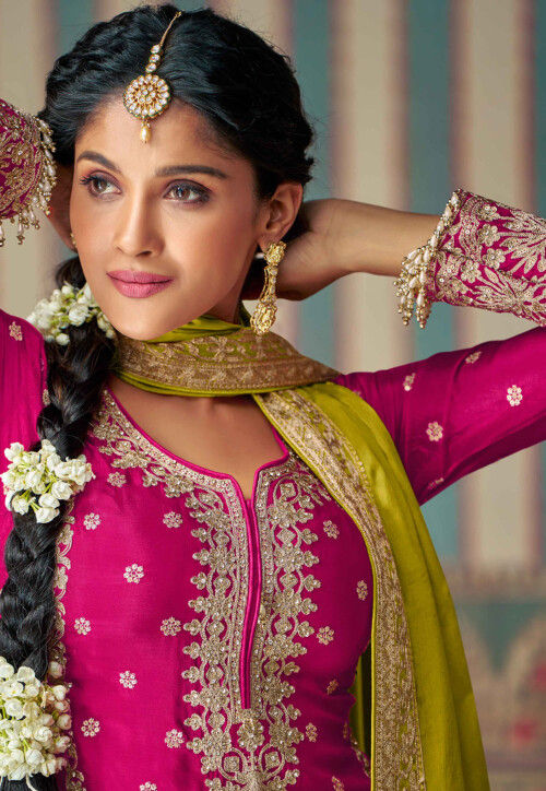 Embroidered Chinon Silk Pakistani Suit in Fuchsia