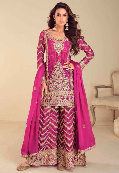 Embroidered Chinon Silk Pakistani Suit in Fuchsia