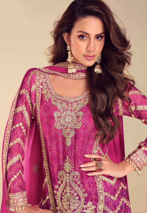 Embroidered Chinon Silk Pakistani Suit in Fuchsia
