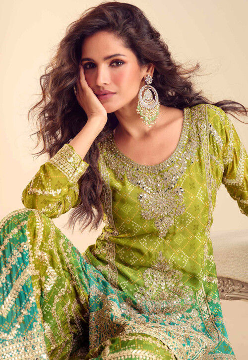 Embroidered Chinon Silk Pakistani Suit in Green