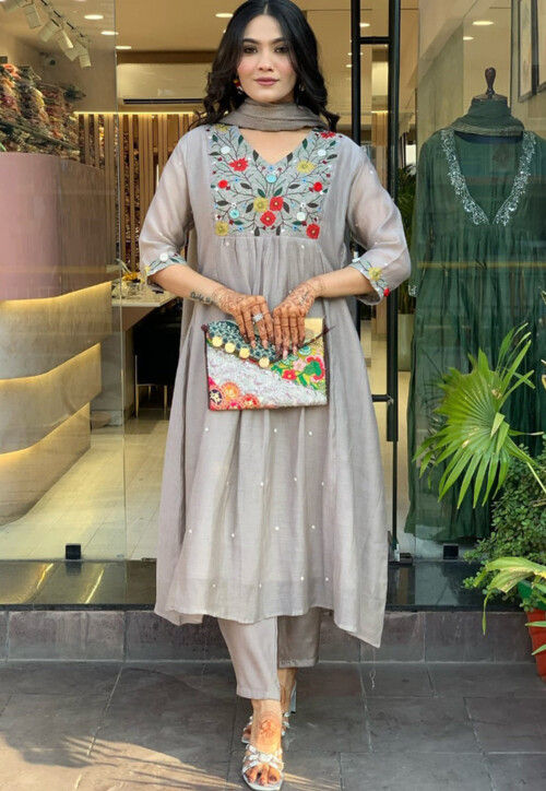Embroidered Chinon Silk Pakistani Suit in Grey