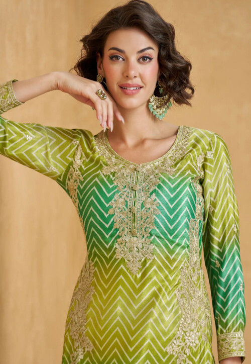Embroidered Chinon Silk Pakistani Suit in Light Green