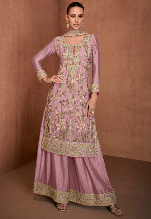 Light Purple Chinon Silk Plazo With Kameez & Dupatta For Indian & Pakistani Wedding Festival - Thread & Sequence Embroidery Work