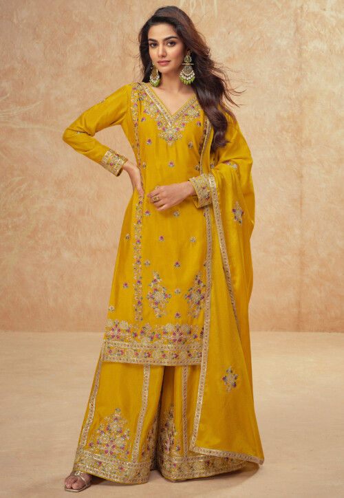 Embroidered Chinon Silk Pakistani Suit in Mustard