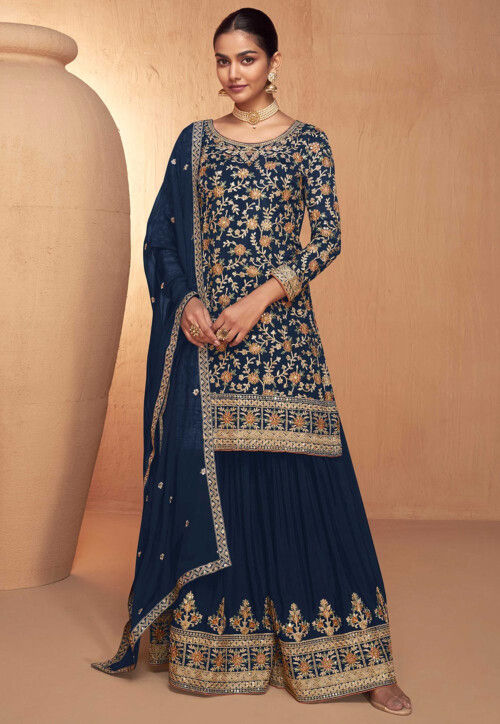 Embroidered Chinon Silk Pakistani Suit in Navy Blue