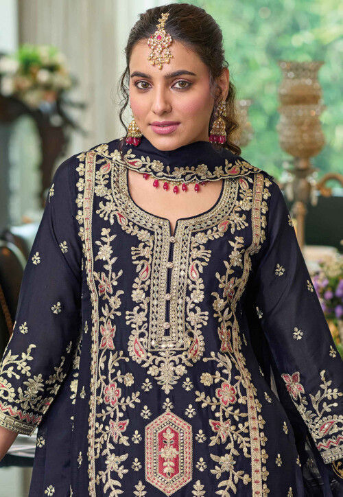Traditional Look Aqua Blue Chinon Silk Punjabi Style Suit