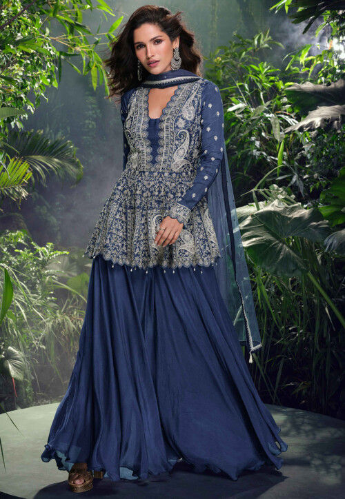 Embroidered Chinon Silk Jacquard Pakistani Suit in Navy Blue