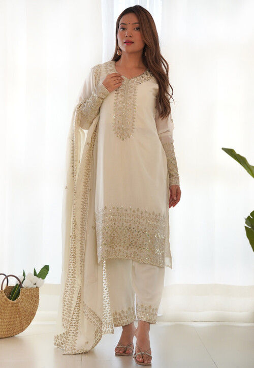 Embroidered Chinon Silk Pakistani Suit in Off White