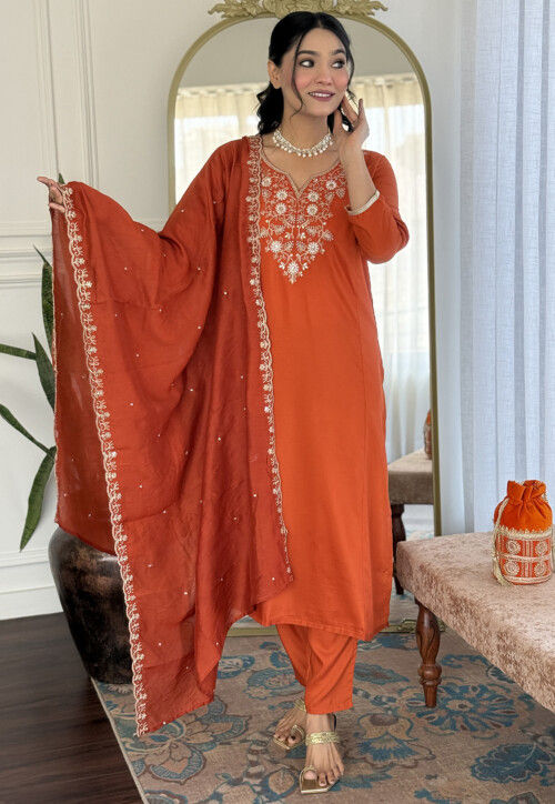 Embroidered Chinon Silk Pakistani Suit in Orange