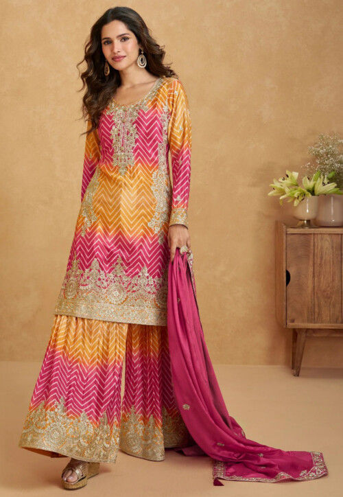 Embroidered Chinon Silk Pakistani Suit in Pink and Yellow