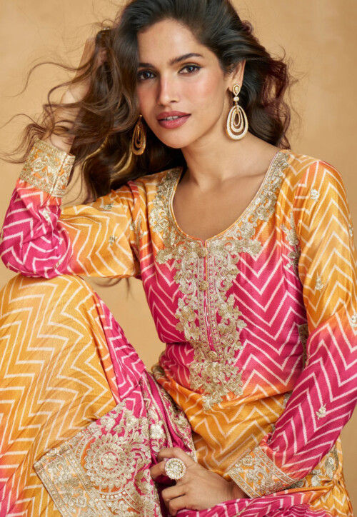 Embroidered Chinon Silk Pakistani Suit in Pink and Yellow