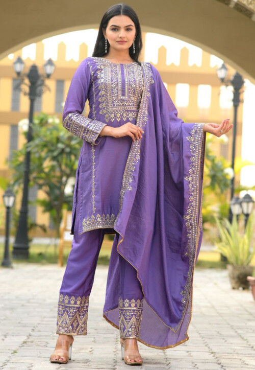 Embroidered Chinon Silk Pakistani Suit in Purple