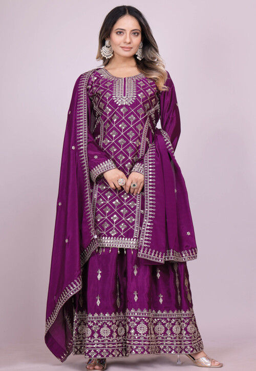 Purple Chinon Silk Plazo Suit For Indian & Pakistani Wedding Festival - Thread & Sequence Embroidery main image 0