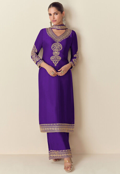 Embroidered Chinon Silk Pakistani Suit in Purple