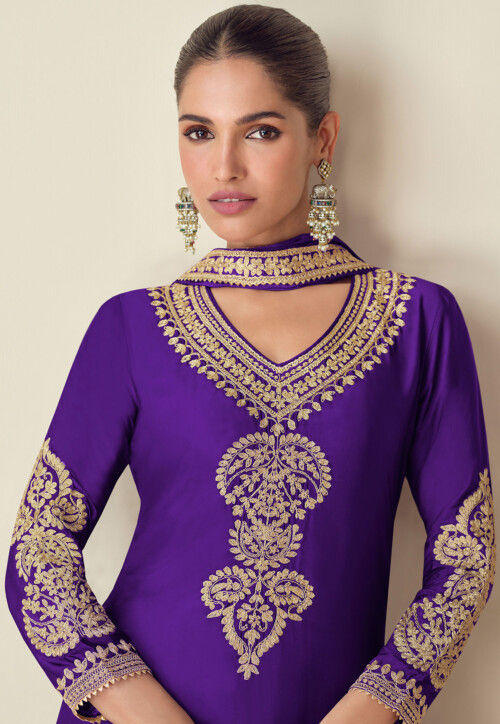 Purple Chinon Silk Plazo Suit For Indian & Pakistani Wedding Festival - Thread & Sequence Embroidery