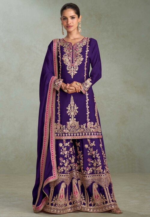 Embroidered Chinon Silk Pakistani Suit in Purple