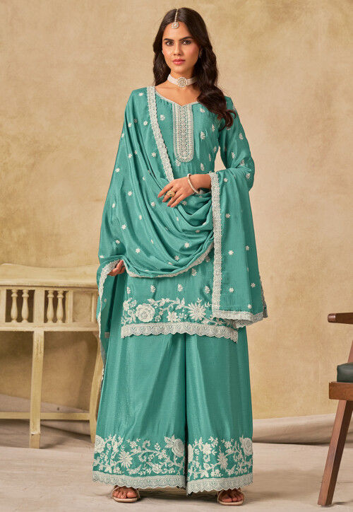 Embroidered Chinon Silk Pakistani Suit in Sea Green