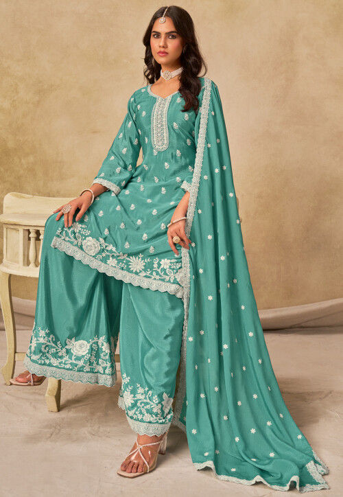 Embroidered Chinon Silk Pakistani Suit in Sea Green