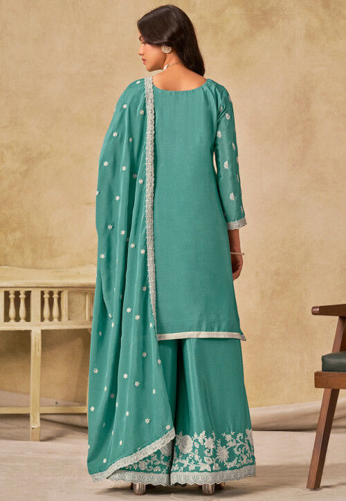 Embroidered Chinon Silk Pakistani Suit in Sea Green