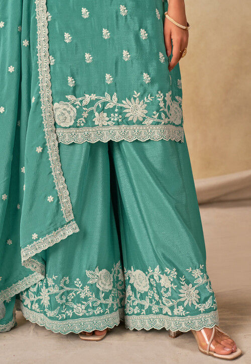 Embroidered Chinon Silk Pakistani Suit in Sea Green