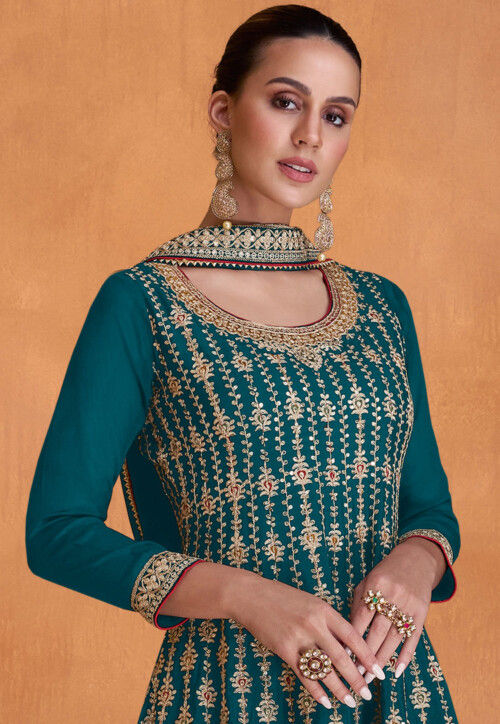 Buy Embroidered Chinon Silk Pakistani Suit in Teal Blue Online ...