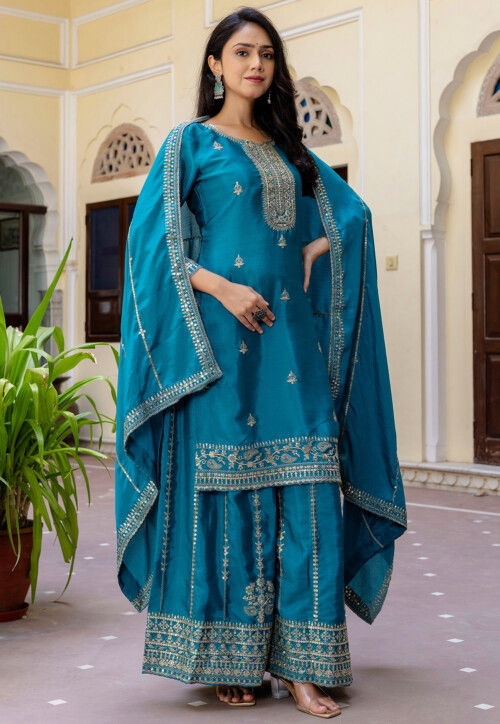 Embroidered Chinon Silk Pakistani Suit in Teal Blue