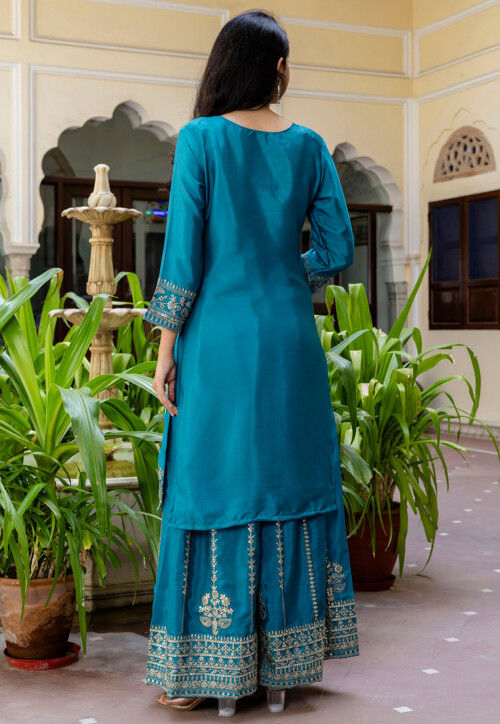 Embroidered Chinon Silk Pakistani Suit in Teal Blue