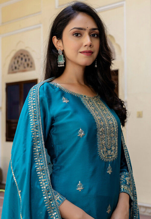 Embroidered Chinon Silk Pakistani Suit in Teal Blue