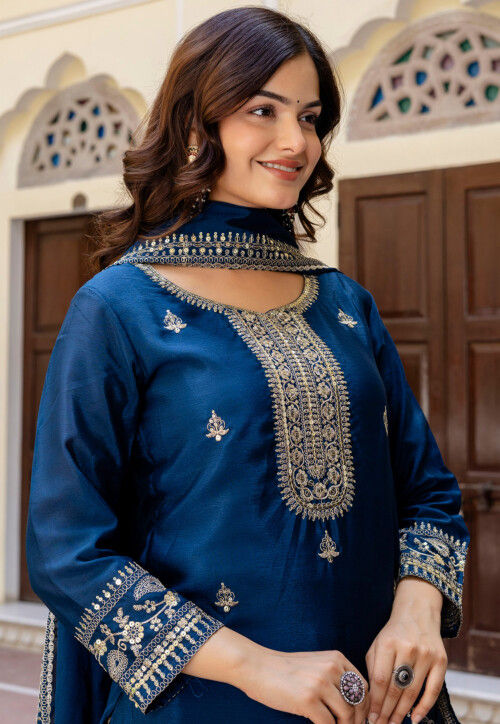 Embroidered Chinon Silk Pakistani Suit in Teal Blue