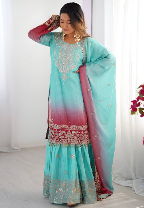 Embroidered Chinon Silk Pakistani Suit in Turquoise