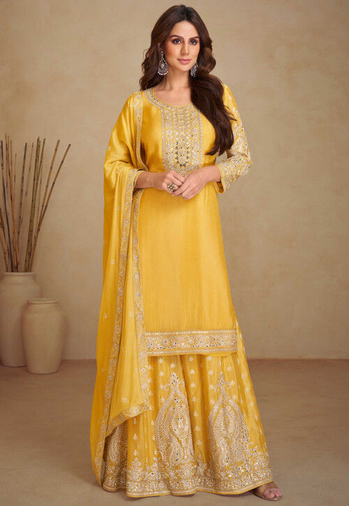 Embroidered Chinon Silk Pakistani Suit in Yellow