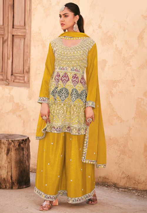Embroidered Chinon Silk Pakistani Suit in Yellow