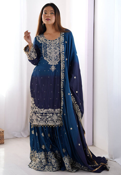 Embroidered Chinon Silk Pakistani Suit in Blue Ombre
