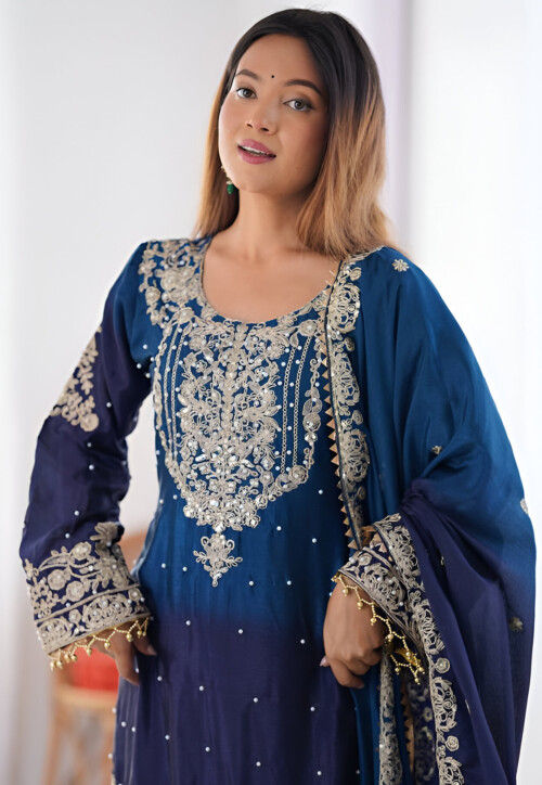 Embroidered Chinon Silk Pakistani Suit in Blue Ombre