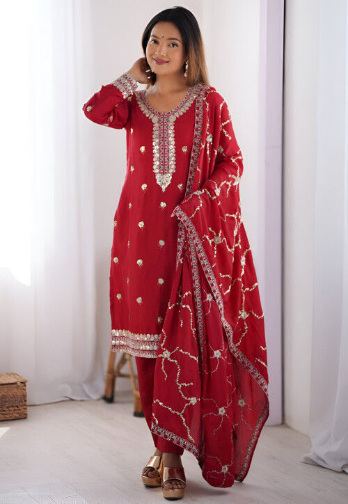 Embroidered Chinon Silk Pakistani Suit in Red