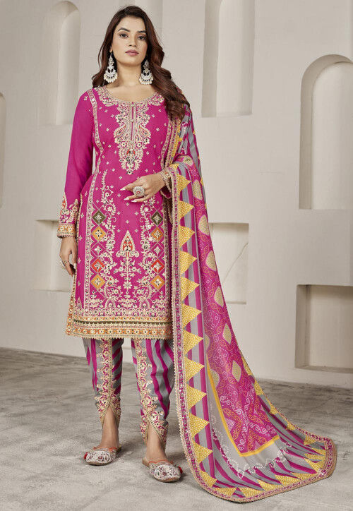 Embroidered Chinon Silk Punjabi Suit in Pink