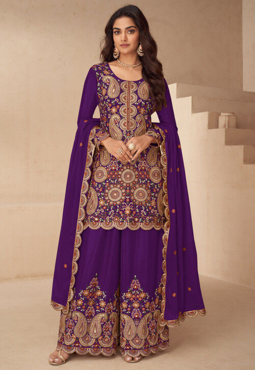 Embroidered Chinon Silk Scalloped Pakistani Suit in Purple
