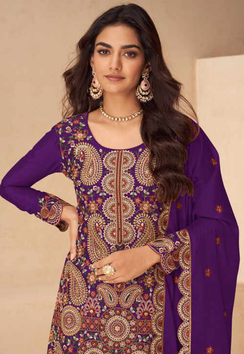 Embroidered Chinon Silk Scalloped Pakistani Suit in Purple