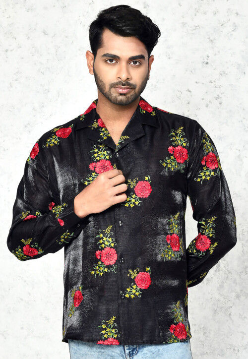 Embroidered Chinon Silk Shirt in Black