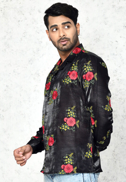 Embroidered Chinon Silk Shirt in Black