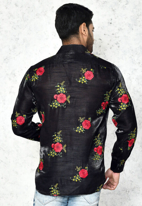 Embroidered Chinon Silk Shirt in Black