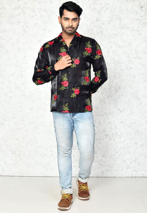 Embroidered Chinon Silk Shirt in Black