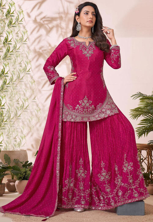 Embroidered Chinon Silk Pakistani Suit in Magenta