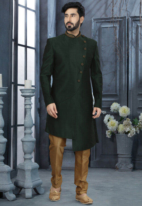 Dark Green Asymmetric Indo Western Outfit Embroidered Collar Art