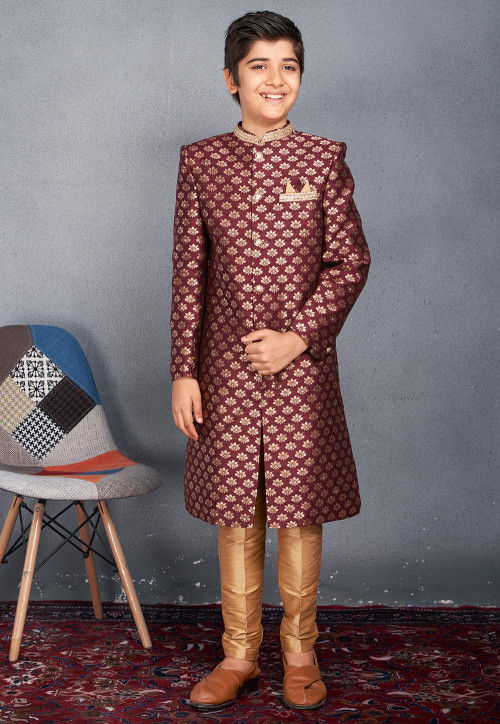 Embroidered Collar Art Silk Jacquard Sherwani in Wine