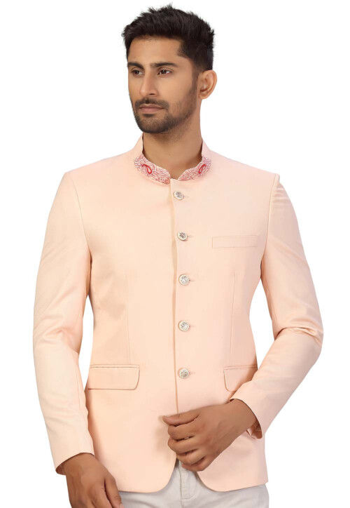 Embroidered Collar Art Silk Jodhpuri Jacket in Peach