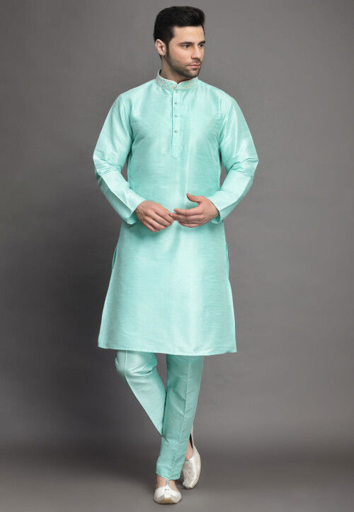 Embroidered Collar Art Silk Kurta Set in Sky Blue