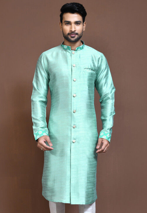 Embroidered Collar Art Silk Sherwani in Sea Green