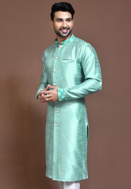 Embroidered Collar Art Silk Sherwani in Sea Green