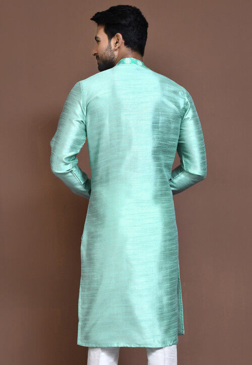 Embroidered Collar Art Silk Sherwani in Sea Green